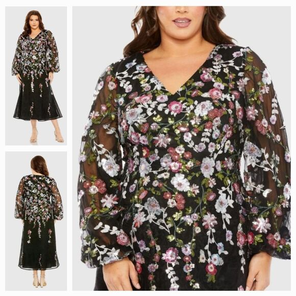 New Mac Duggal 20474 Black Sequin/Embroidered  Embellished A Line Dress (22W) - Picture 1 of 16